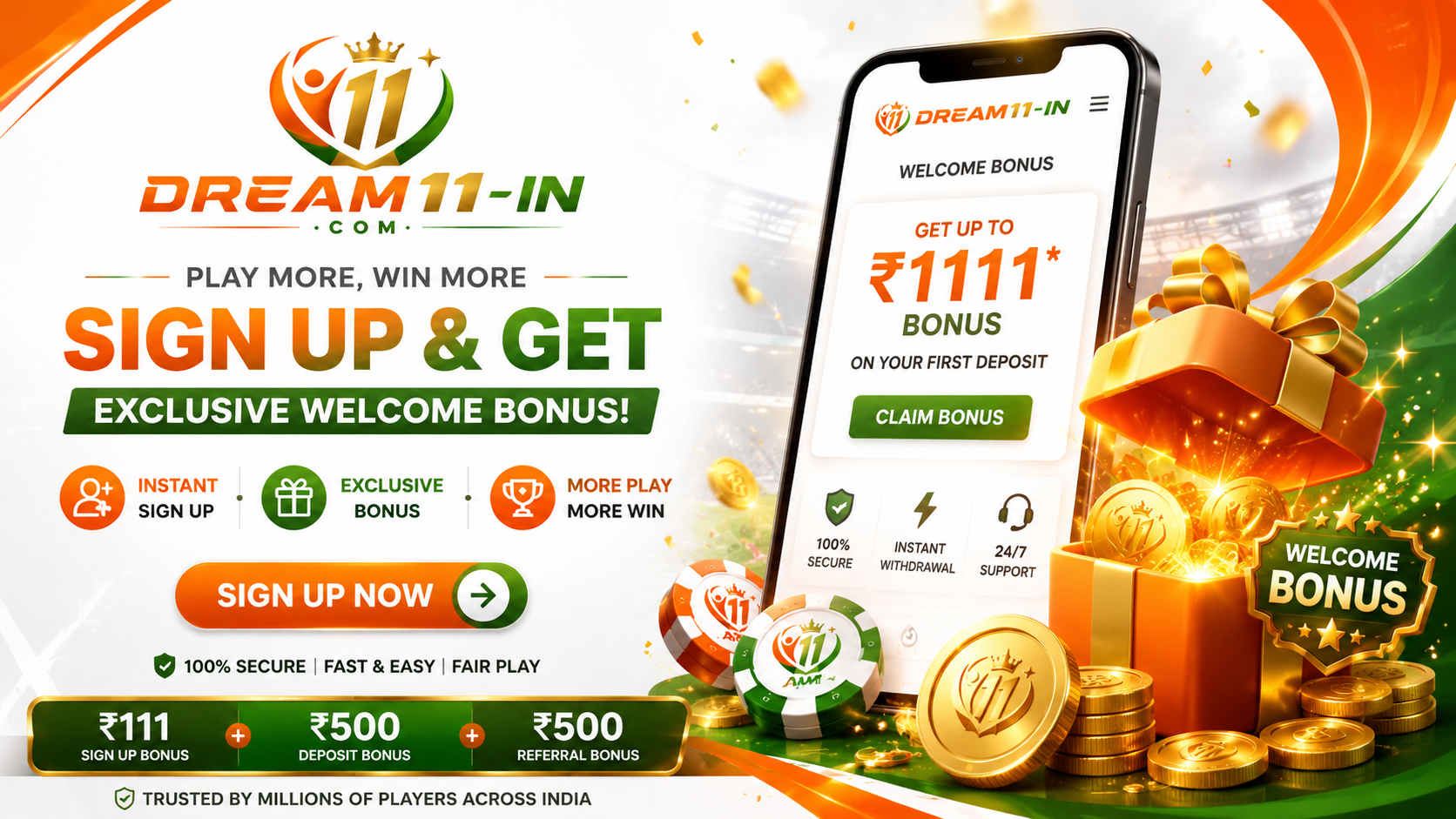 Orange and green fantasy sports app panels with phones and match cards