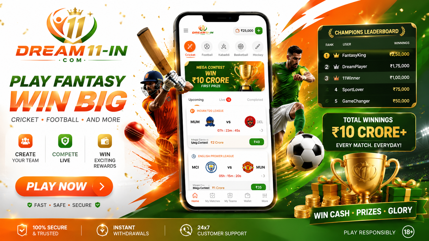 Fantasy sports contest phone with cricket and football visuals