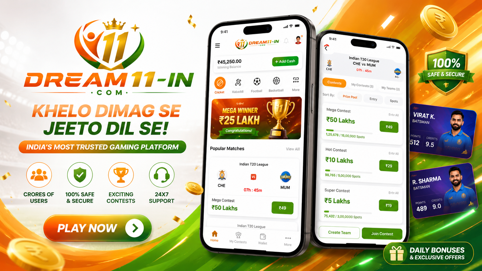 Fantasy sports welcome screen with phone and orange green graphics